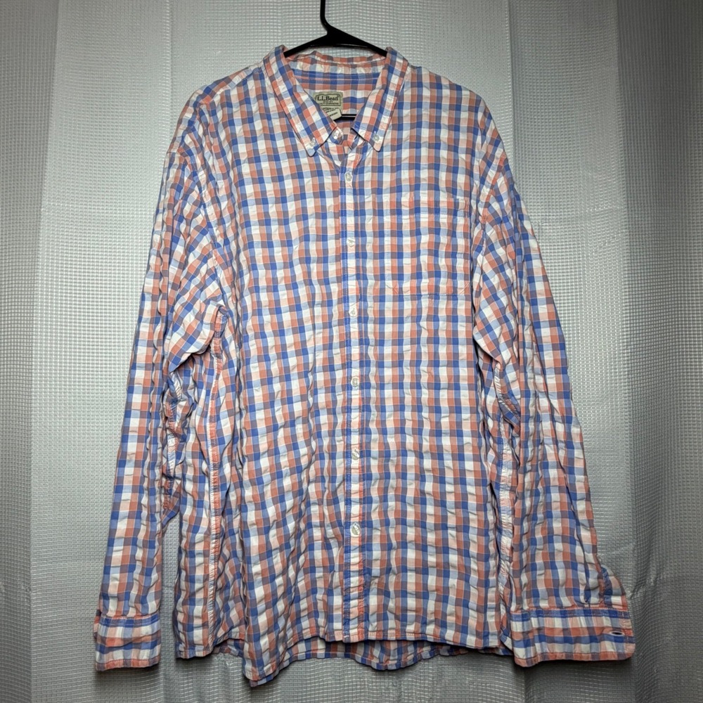 L.L. Bean Button Down Shirt‎ XXL Blue Orange Gingham Plaid Long Sleeve